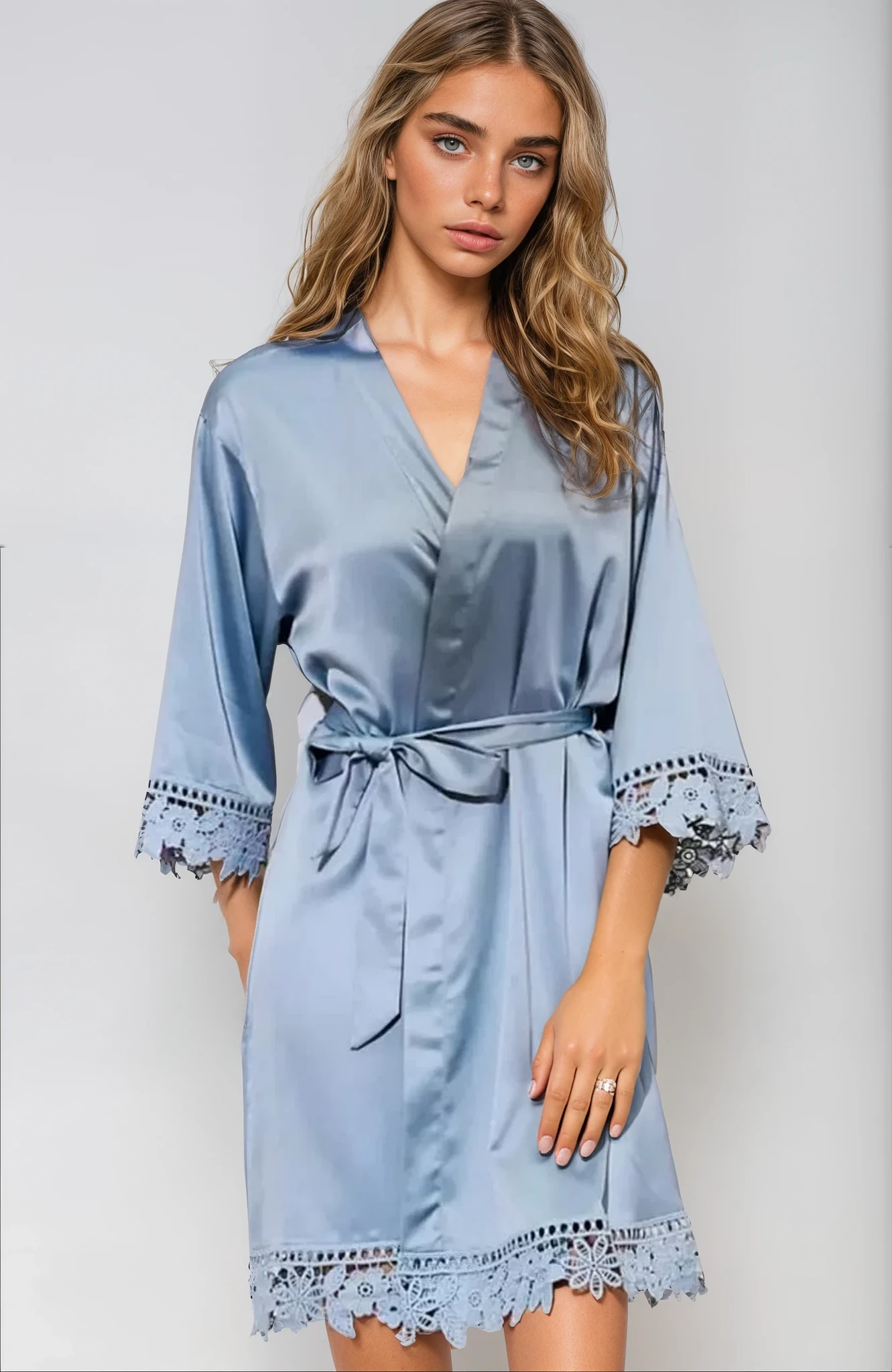 Dusty Blue satin and lace robe