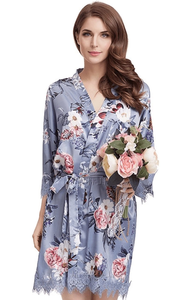 Blue Grey Floral Satin and lace Robe – Smooches Bridal