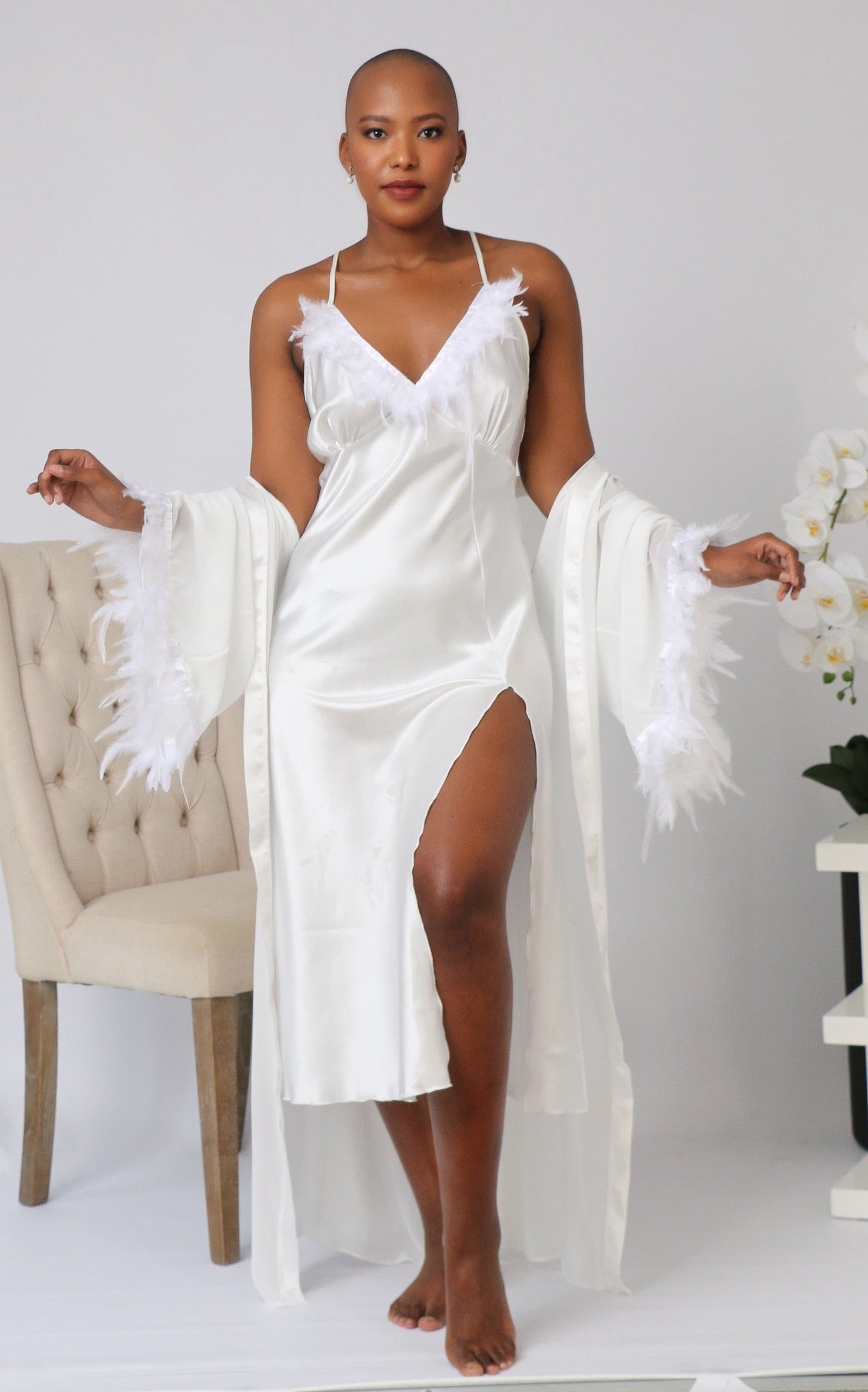 Two piece Bridal robe and gown with duck feathers  Smooches Bridal   